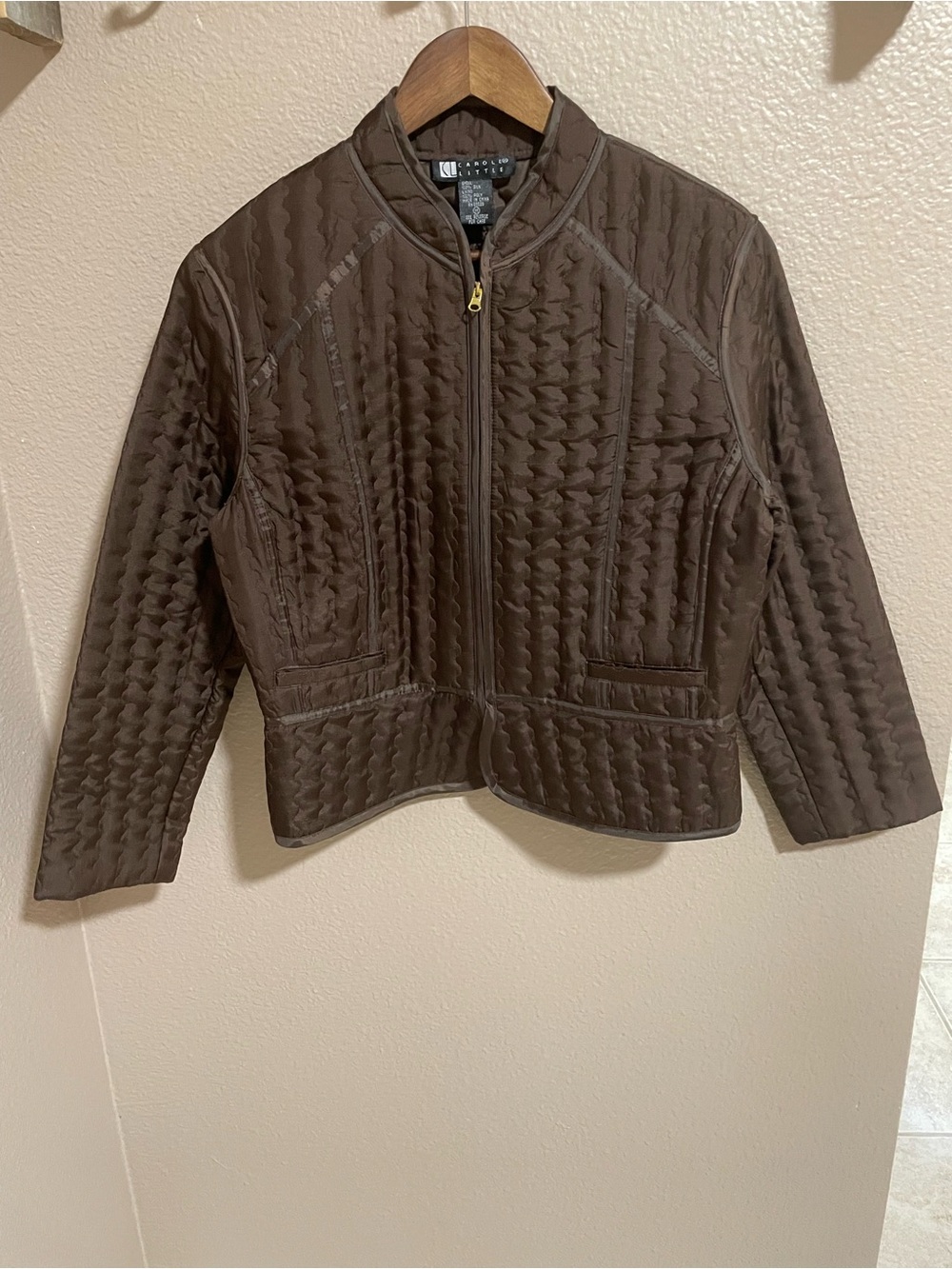 Carole Little Brown Silk Quilted Zip-Front Jacket